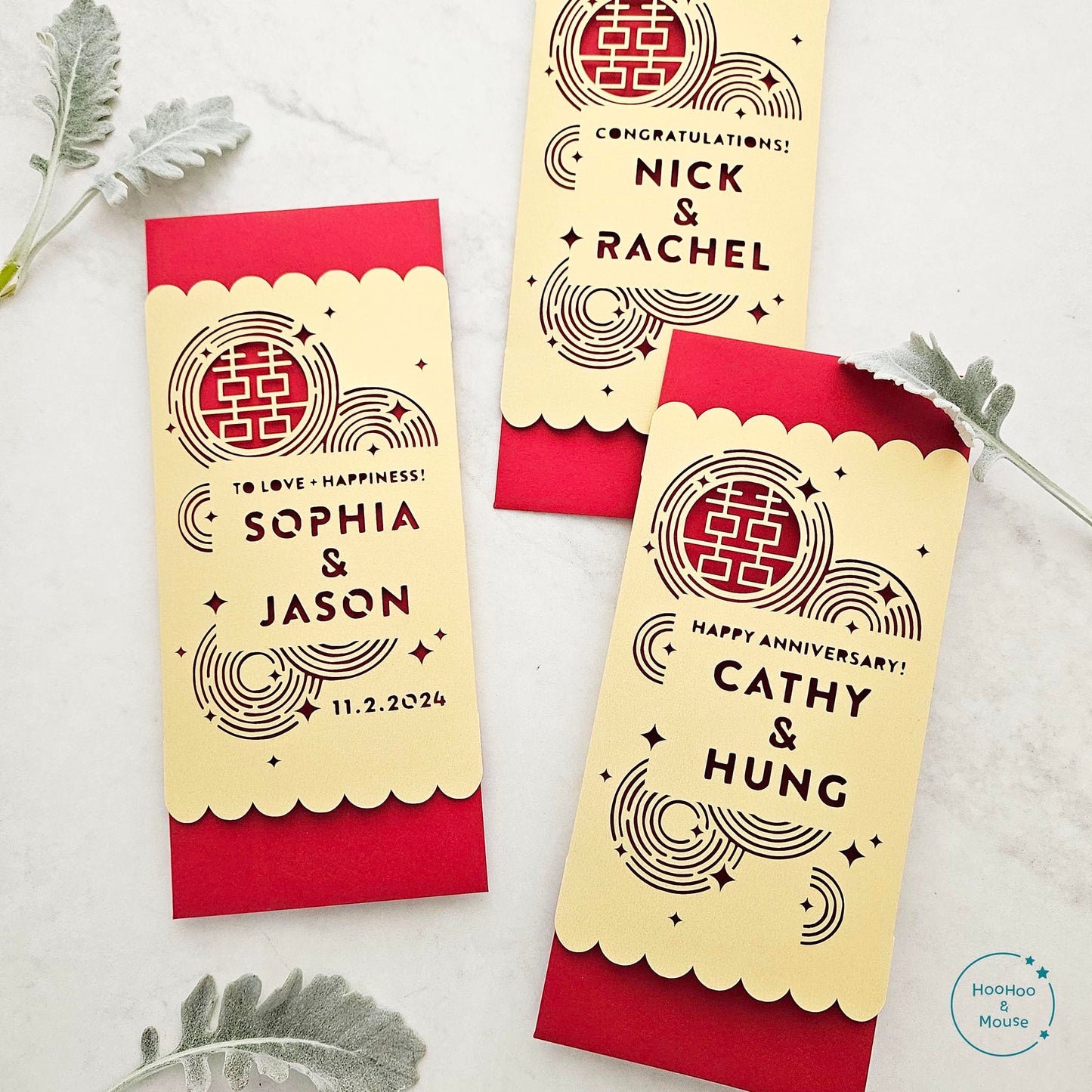 Elegant image of 3 custom wedding red envelopes that personalized