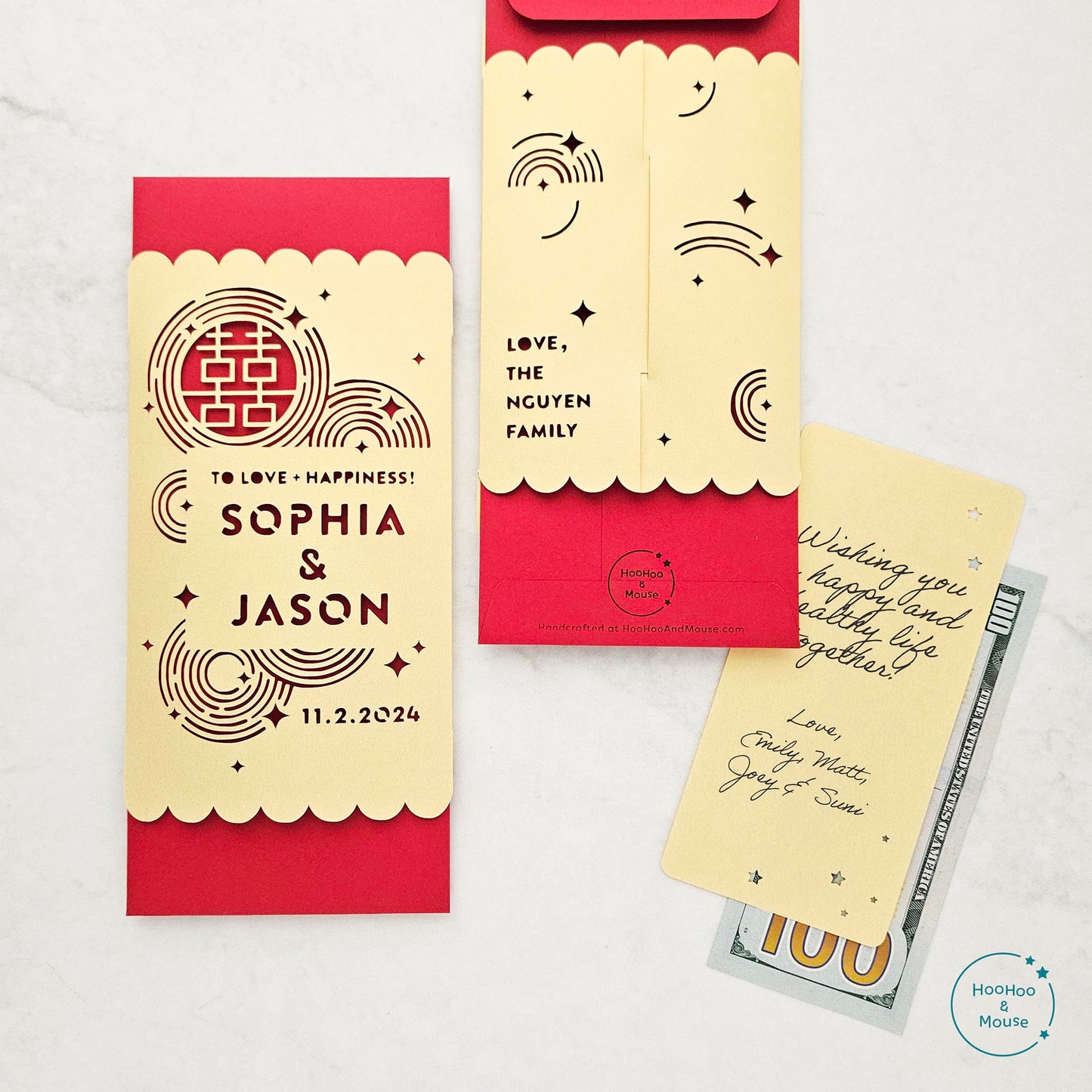 An overview of the front and back design of a double happiness wedding envelope, along with a matching paper insert for a handwritten note