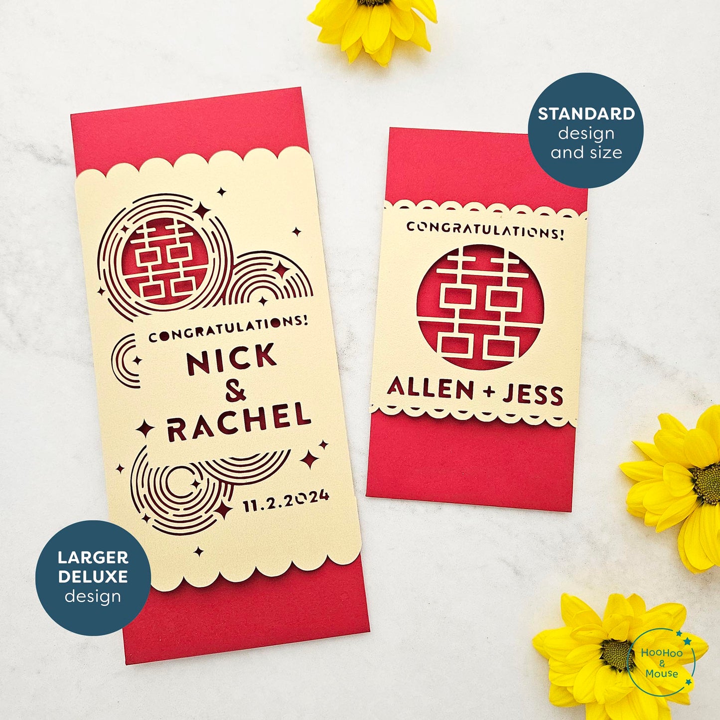 Two paper cut double happiness wedding designs side by side. One is a standard size and the other is a larger, deluxe version.
