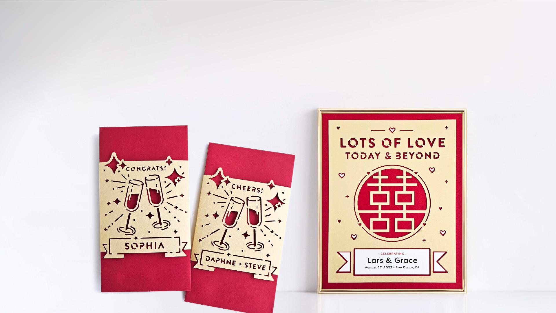 Custom wedding red envelopes and decor