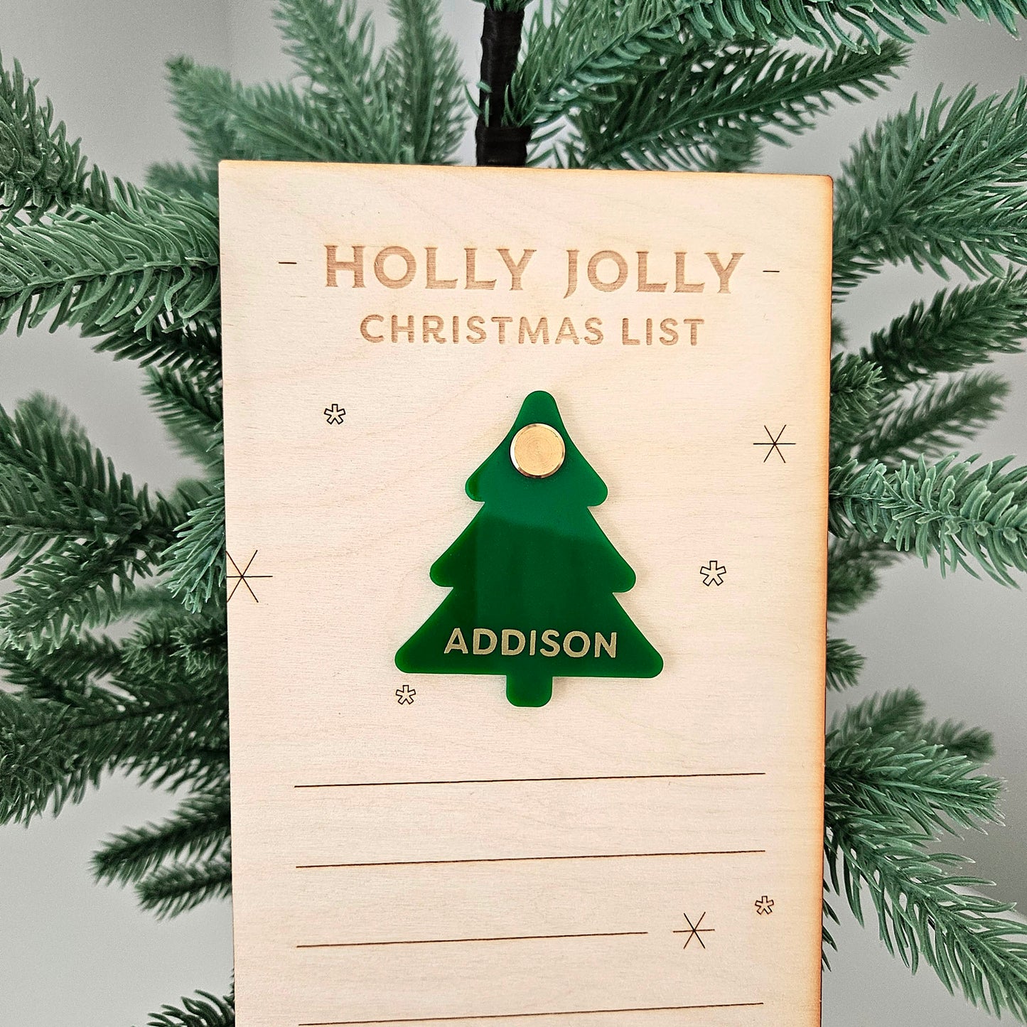 Wooden Christmas list with a personalized tree name tag