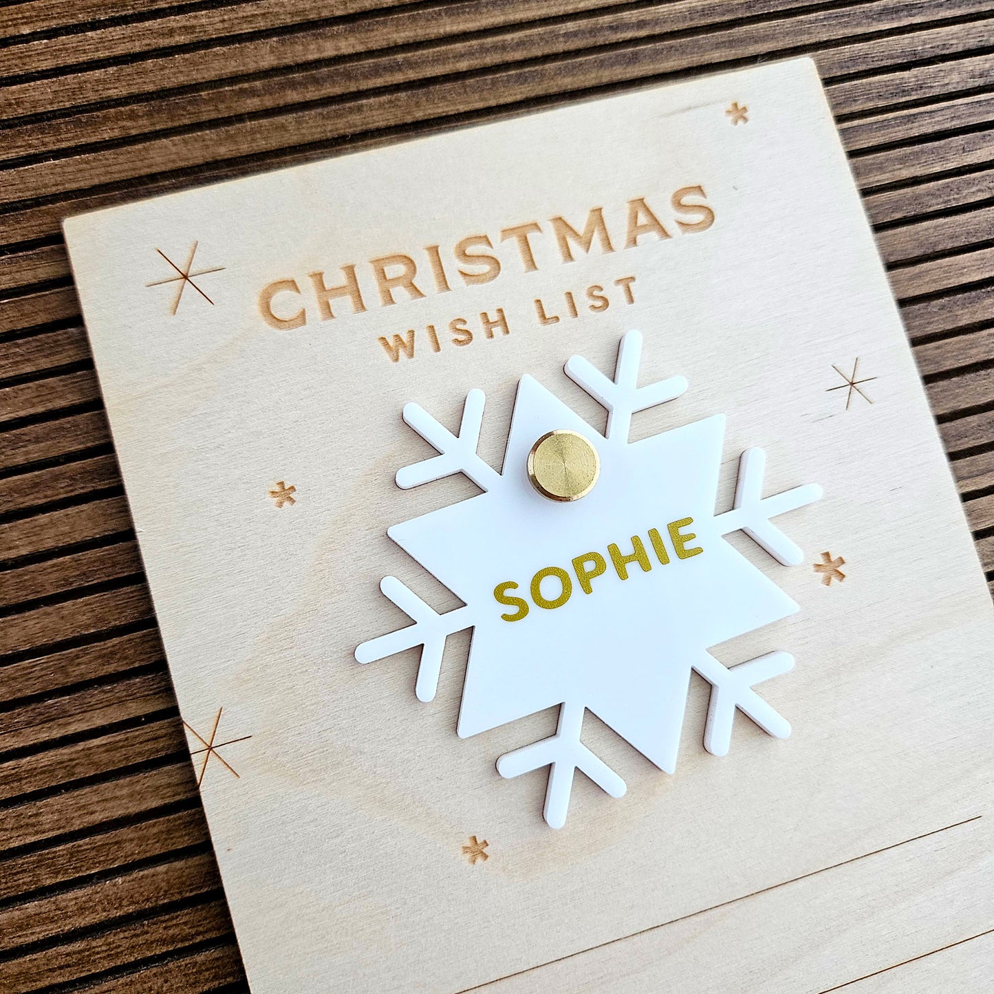 Wooden Christmas list with a personalized snowflake name tag