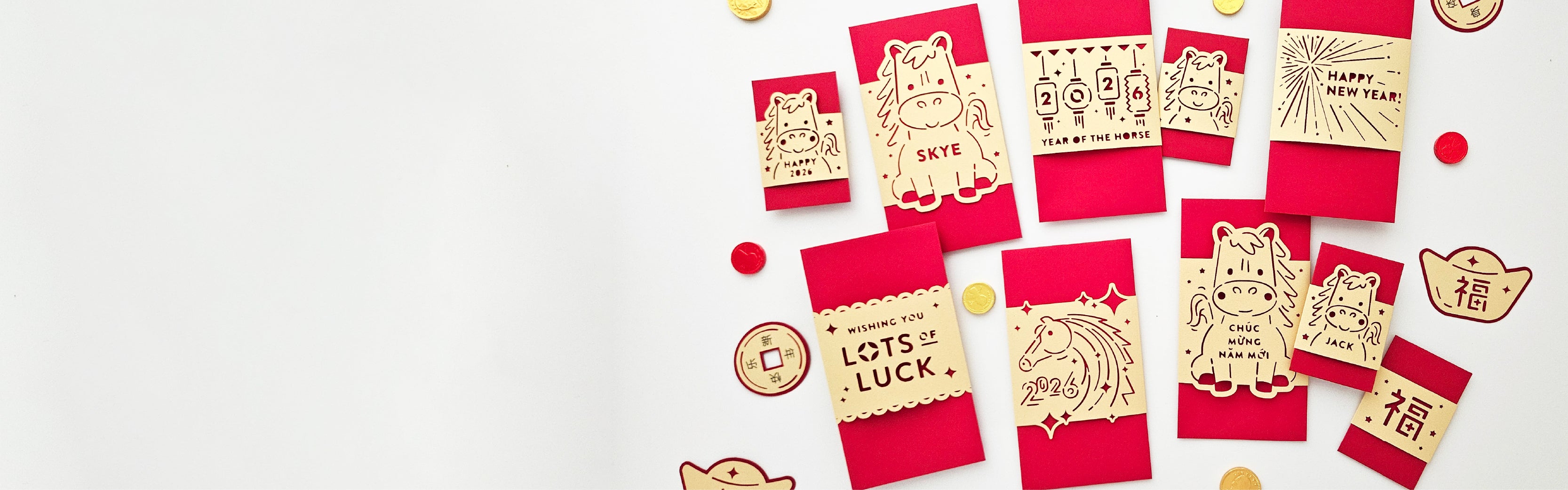 Red envelopes with gold text and designs on a white background