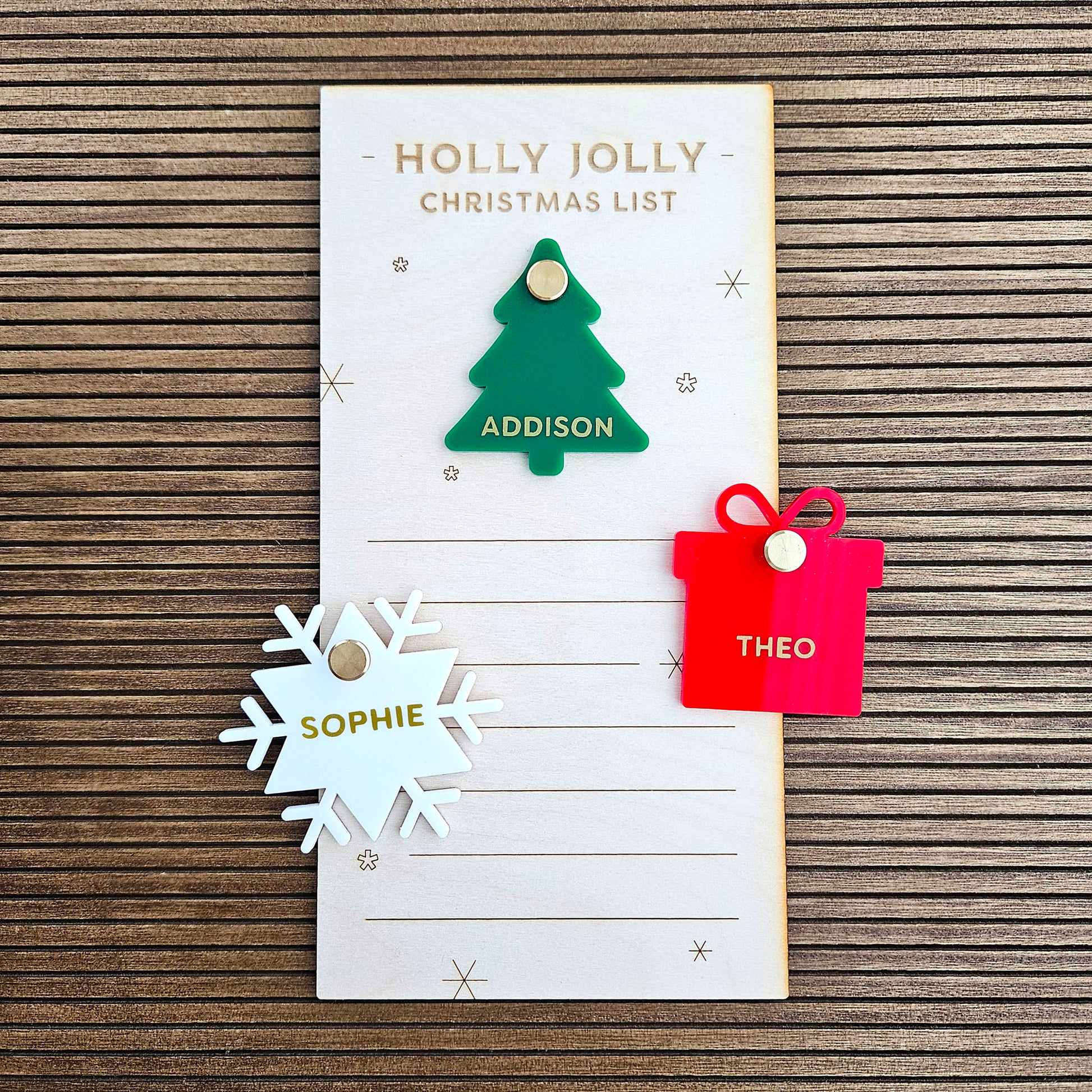 Wooden Christmas list with personalized name tags