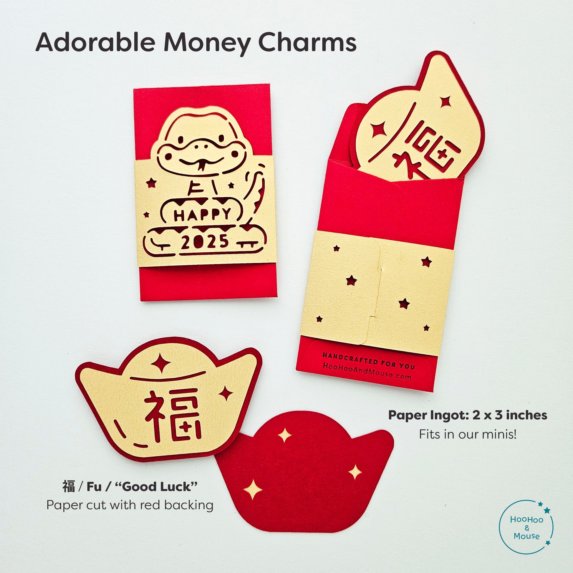 Red and gold paper money charms with snake red envelopes