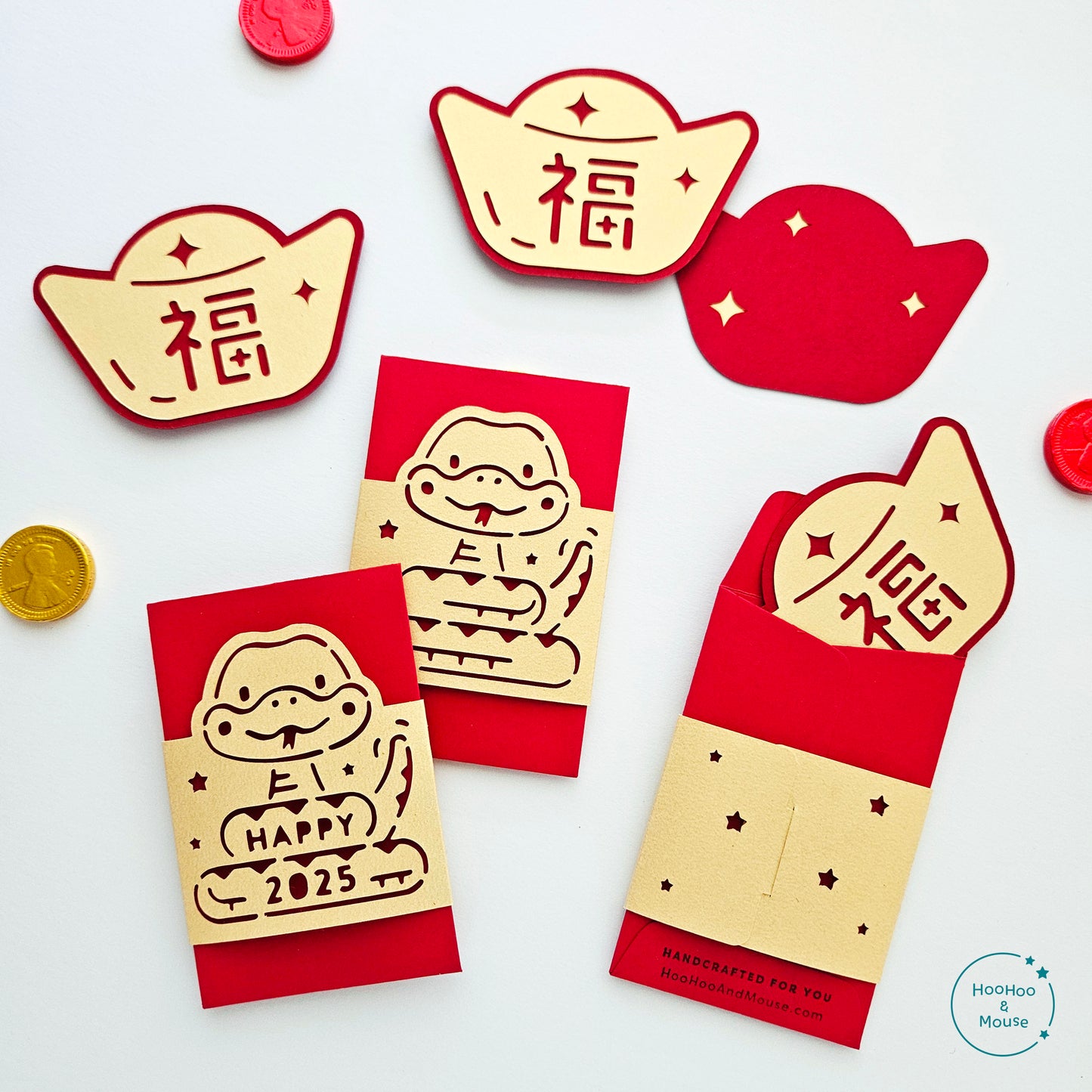 Red and gold paper money charms with snake red envelopes