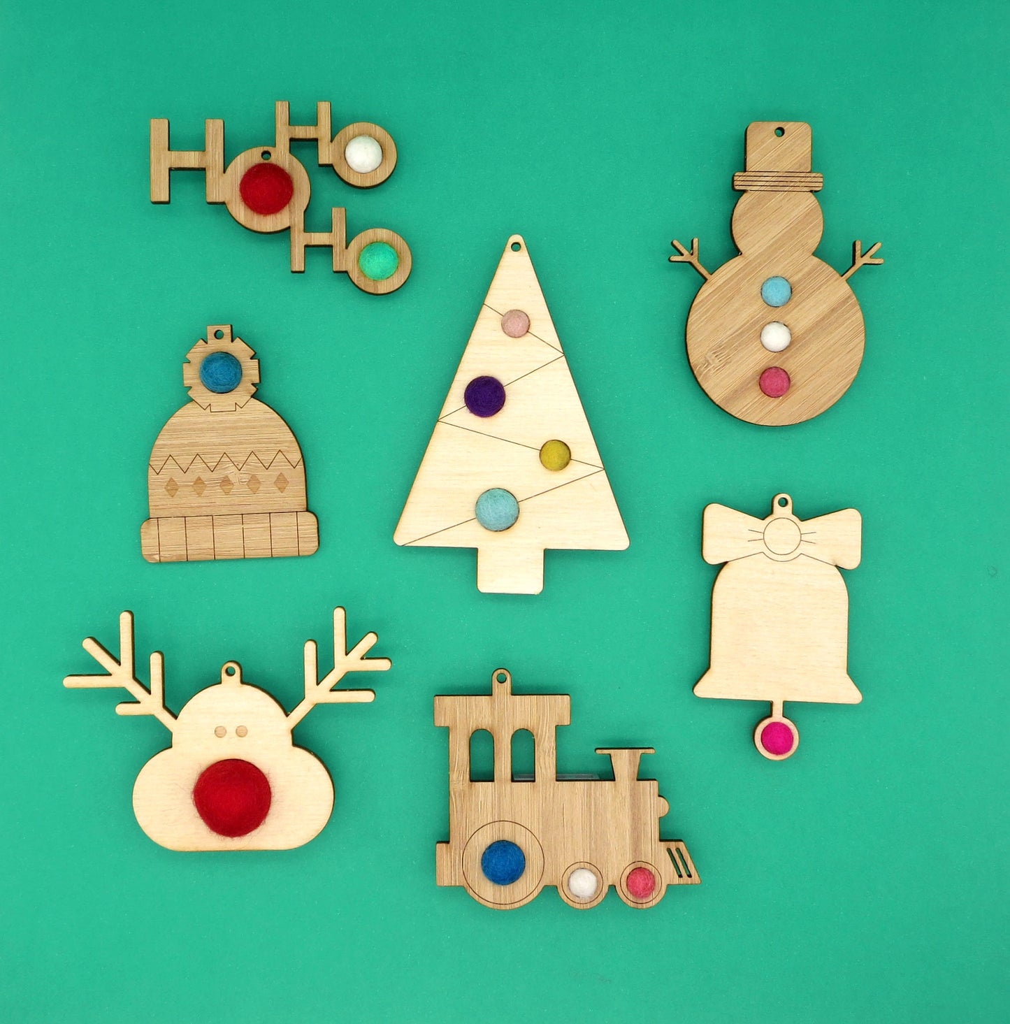Wood + Pom Pom Christmas Ornament Set